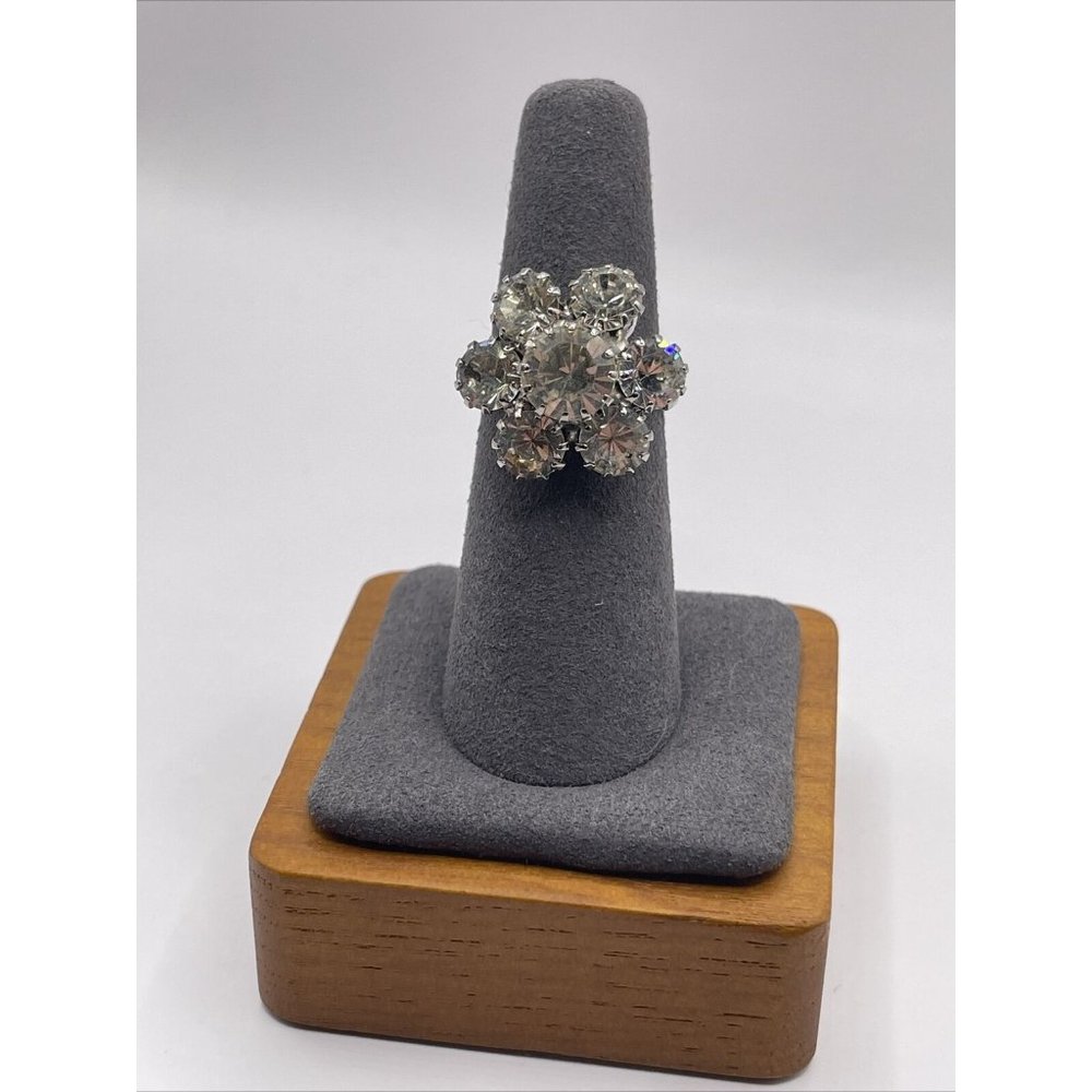 Vintage Clear Rhinestone Prong Set Adjustable Flower‎ Ring Silver Tone 3D Floral - Picture 2 of 15